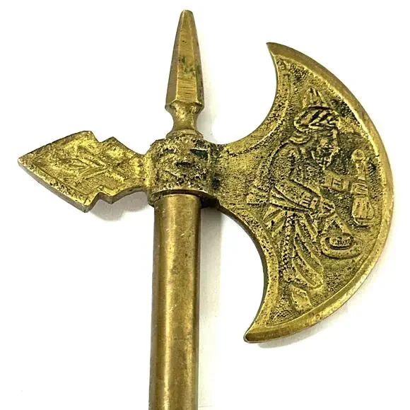 Vintage Brass Medieval Decorative Poleaxe Knight Engraved Axe Halberd 14” - Picture 6 of 8